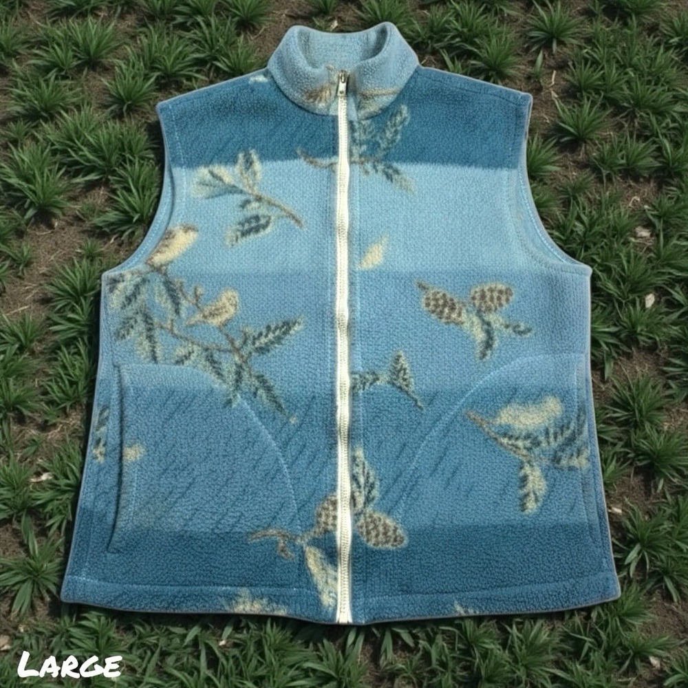 VTG 90s Fleece Vest Womens LARGE Nature Animal Bird Print Full Zip Polar
